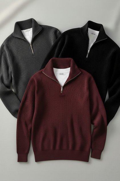 3 Pieces Men's Thessaloniki Knitted Half-Zip Thick Winter Knitwear Sweater Set