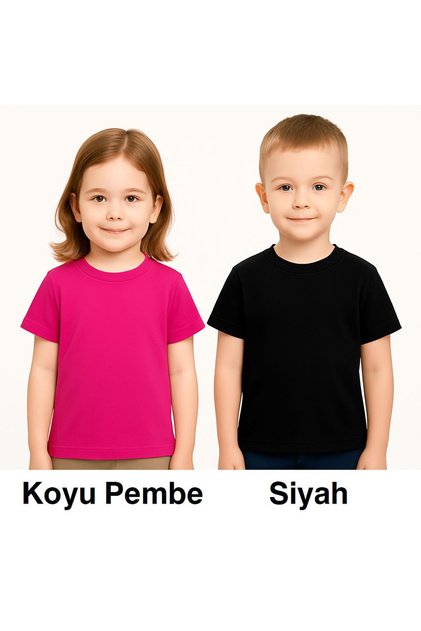 Girls' and Boys' Crew Neck Basic Plain Short-Sleeve T-Shirt Set of 2 for Ages 1-2-3-4, Dark Pink-Black