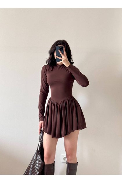 Women's Black Long Sleeve Mini Dress Fit Cut Skater Model Stylish Party Dress New Season Trend