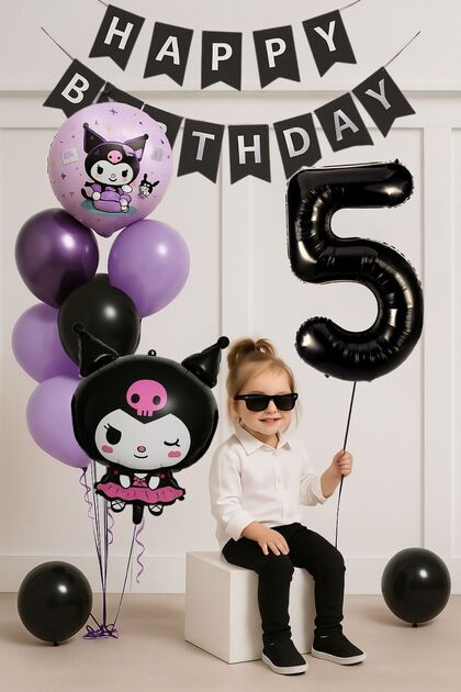 5 Year Old Kuromi Theme Birthday Balloon Set Black Number Happy Birthday Banner Helium Compatible Flying Balloon