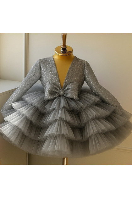Grey Beaded Skirt Ruffled Girl Children Special Occasion Birthday Dress