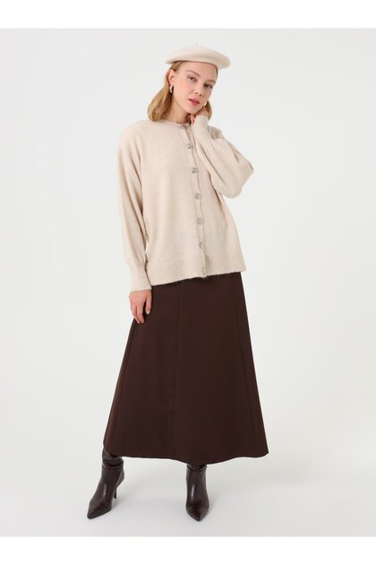 Button Detailed Balloon Sleeve Knit Cardigan - Stone Color -