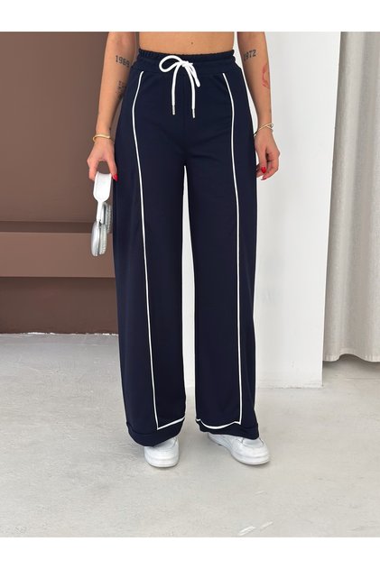 Women's White Striped Modal Pleated Trackpants Wide Leg