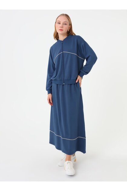 Stripe Detailed Zippered Sweatshirt & Long Skirt Set - Petrol -