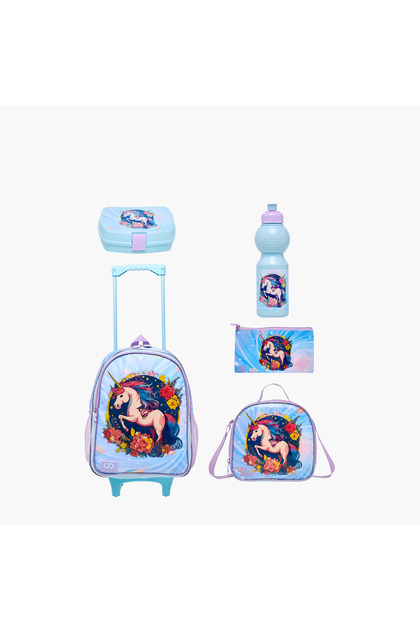 5-Piece Unicorn Print School Trolley Backpack Set - 34x20x48 cms