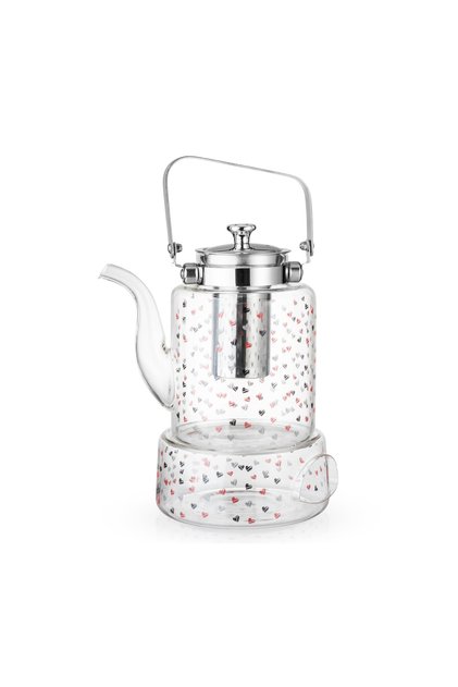 Glass teapot with stainless steel infuser and gray heart prints, 110ml capacity