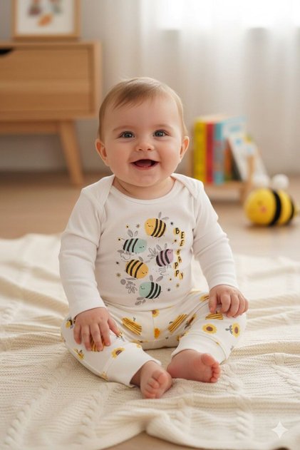 Bebella&Baby Baby Set with Bee Print on the Sleeves, Corded Fabric 2-Piece Baby Set (Romper and Bottom)