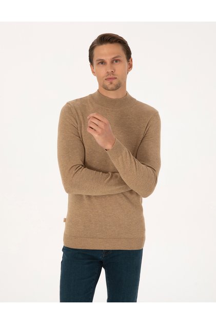 Camel Melanj Slim Fit Yarım Balıkçı Yaka Basic Triko Kazak 50315457-VR122
