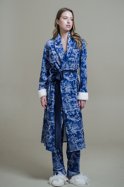 Dark Blue Plush Detail Shawl Collar Kimono-Trunks Set
