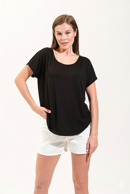 Women's Black Low-Sleeve Round Neck Modal Comfortable Sporty Tshirt _725107