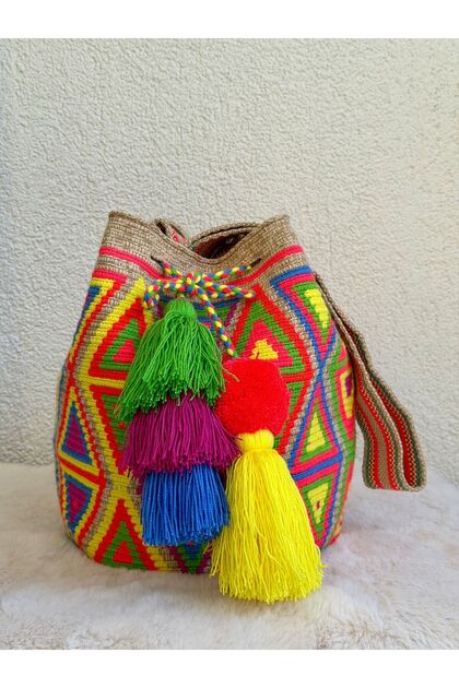 Renkli Ponpon Örgü Wayuu Çanta