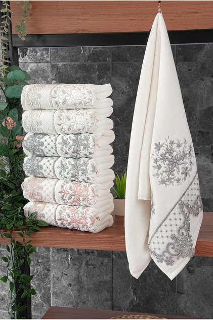 Lace Velvet Embroidered Patterned Boxed Luxury Dowry Set of 6 Hand Towels 50X90 - 00274
