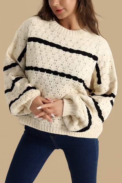 Cream Lace-Like Knit Striped Women's Knitwear Sweater