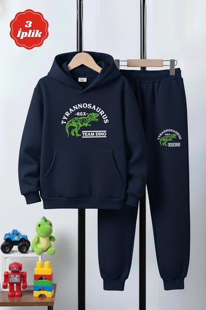 3 İplik Ş Fleece-Lined Winter Kangaroo Pocket Print Detailed K Hooded Boys' Tracksuit Set