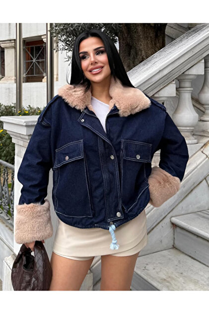 Women's Oversized Sleeves and Inside Fully Covered with Brown Fur Navy Blue Denim Coat