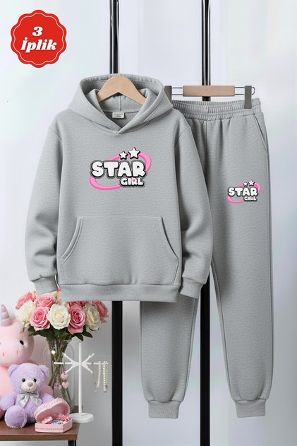 3 İplik Ş Fleece-Lined Winter Kangaroo Pocket Star Girl Print Detailed K Hooded Girls' Tracksuit Set