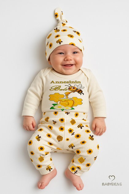 Mother's Honey 3-Piece Newborn Set 100% Cotton Long Sleeve Bodysuit, Floral Bee Pattern Ribbed Pants, Beanie