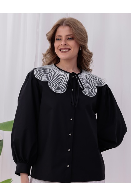 Women's Black Baby Collar Balloon Sleeve Poplin Shirt Comfortable Fit