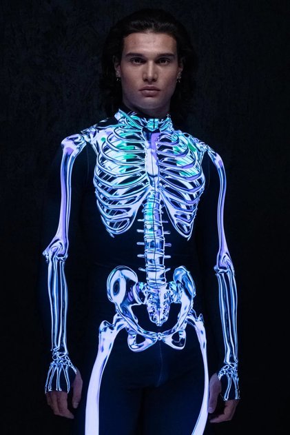 Salopetă cu model de os fosforescent pentru întregul corp – Salopetă unisex cu schelet cu strălucire neon