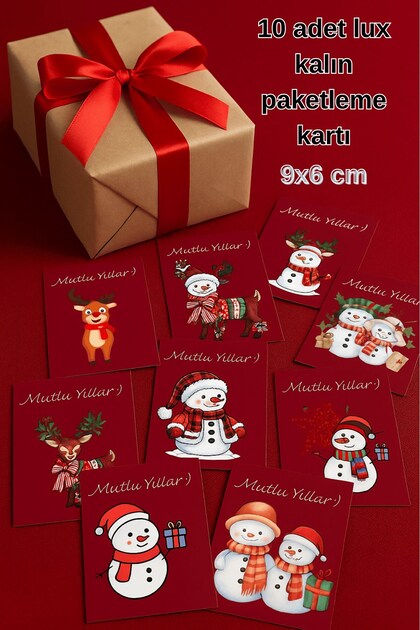 Deer & Snowman | 10'lu Set Tebrik Kartı - Paketleme Kartı - Yılbaşı Hediye - Yılbaşı Paketi - Motto