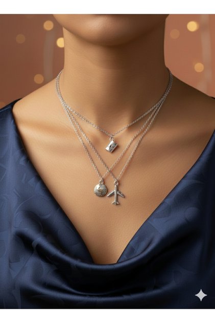 3 ' lü çelik charm kolye seti , pasaport figürlü kolye , dünya figürlü kolye , uçak figürlü kolye