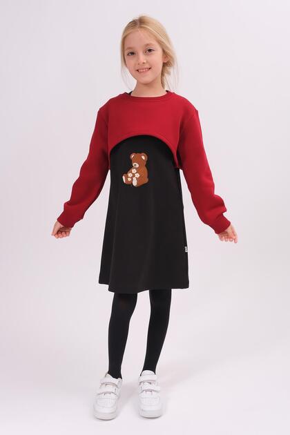 Girl's Teddy Bear Embroidered Dress and Crop Sweatshirt – Burgundy