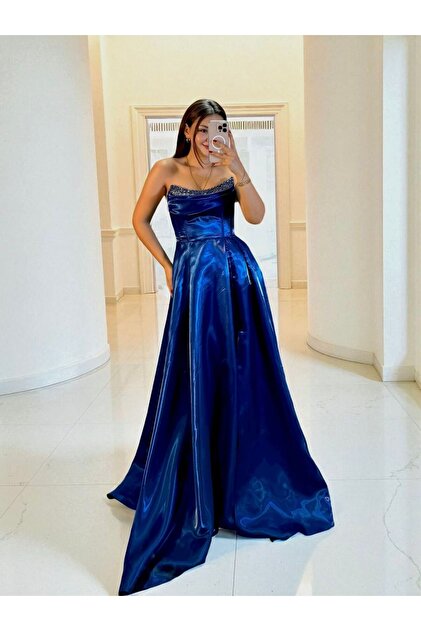 OLA Rozel Chest Stone Detailed Shiny Satin Pocket Cobalt Blue Evening Dress-  Trendyol