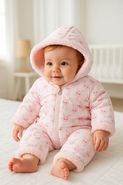 Pink Rabbits Printed Winter Welsoft Jumpsuit with Zipper at All Sides and Fur Inside