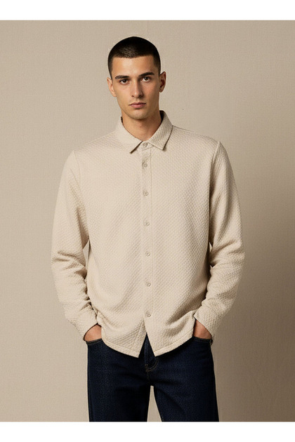 Men Regular Fit Collared Jacquard Textured Long Sleeve Shirt