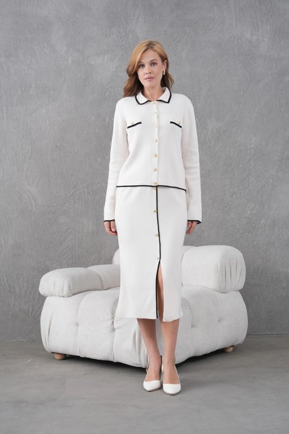 Women's Polo Neck Button Detail Jacket Long Skirt Two-Piece Knitwear Set