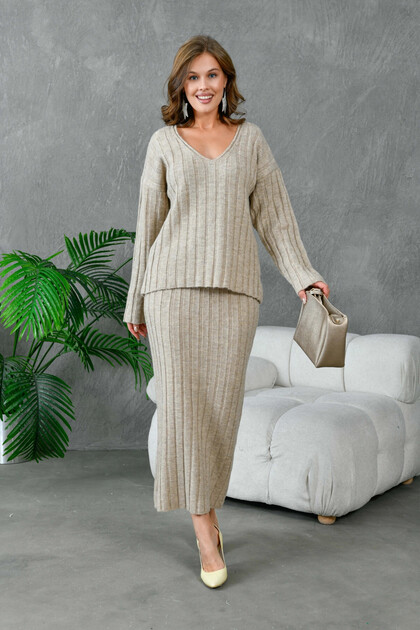 Women's V-Neck Ribbed Sweater Skirt Two-Piece Knit Set
