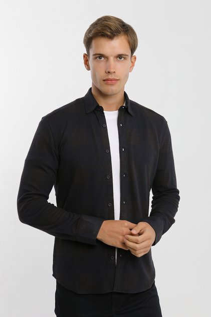 Long Sleeve Buttoned Paneled Plaid Printed Knitted Men's Shirt