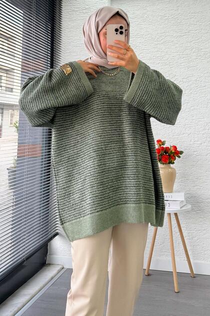 Sim Geçişli Oversized Women's Knitwear Sweater – Mint