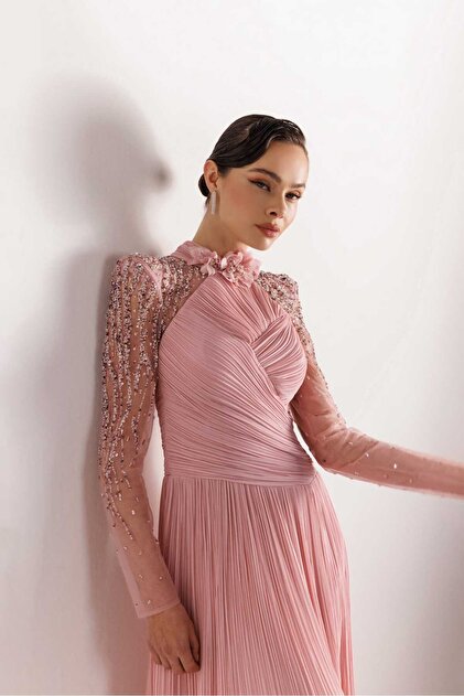 Kenzel High Neck Evening Dress with Lace Sleeves and Pleated Skirt Detail-  Trendyol