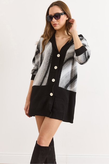 Women's Black Hooded Beard Detailed Long Buttoned Cardigan Hrk-19000448