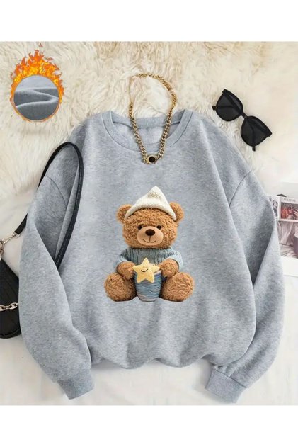 Sleepy Bear Print Detailed Crew Neck Sweatshirt