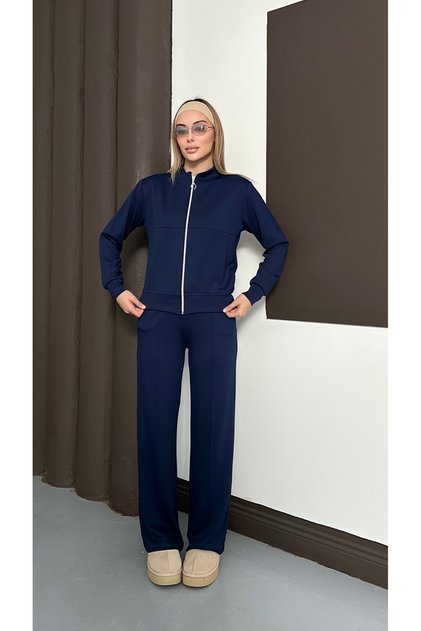 Women's Navy Blue Modal Fabric piped Wide Leg Zippered Tracksuit Set