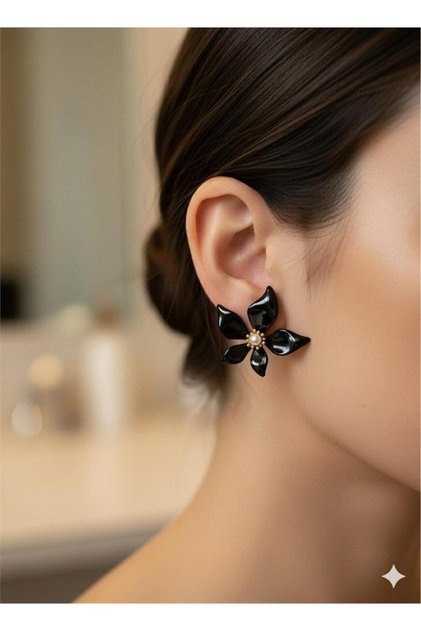 Black Enamel Pearl Flower Earrings