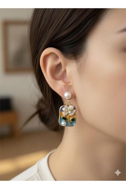 White Flower Square Earrings with Blue and Orange Enamel