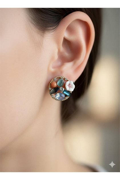 Multi-Colored Natural Stone Look Gold Round Earrings