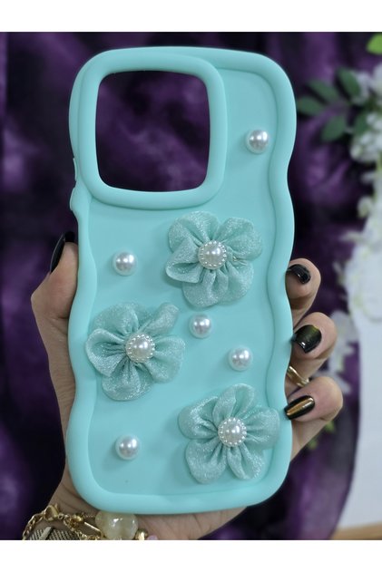 Stylish Phone Case Compatible with Realme C63 and Realme C61 in Aqua Green Pearl & Tulle Floral Design