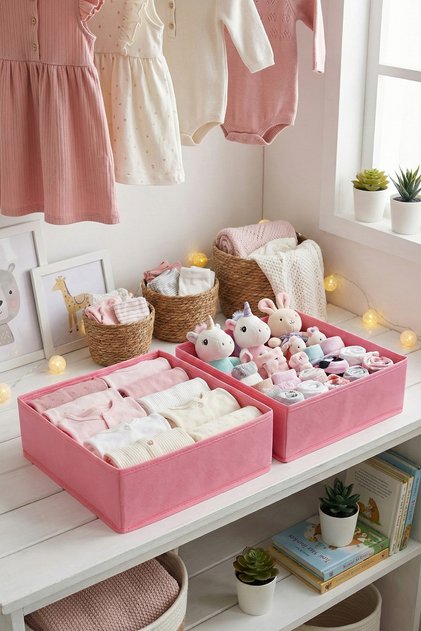 2-Piece Pink Drawer Cabinet Organizer Storage Box Children's and Baby's Room Organizer Set
