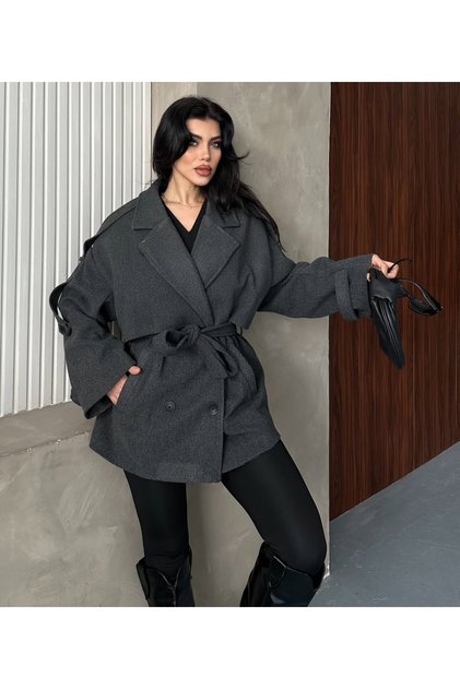 Women's Oversized Button Belted Double-Breasted Collar Cashmere Dark Gray