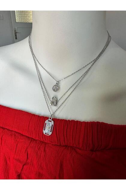 3-Piece Steel Charm Necklace Set, Crystal Stone Necklace, Lock-Shaped Necklace, Pearl Detailed Necklace