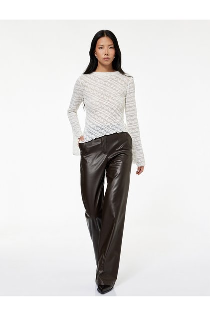 Long Sleeve Crew Neck Lace-Up Detail Ruched Blouse