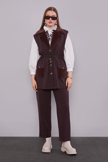 Coffee brown faux fur collar vest set