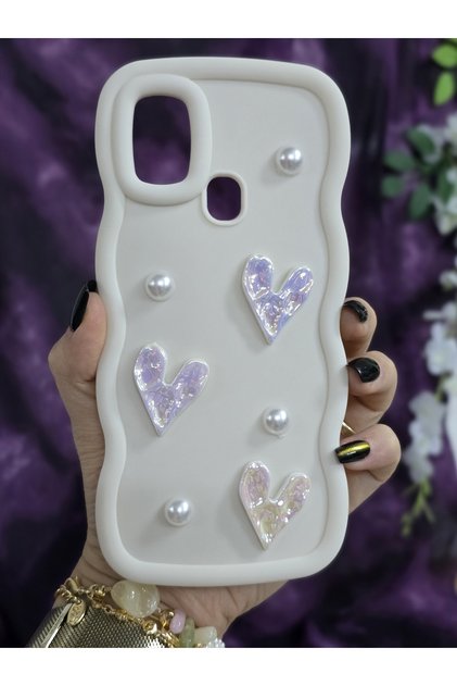 Samsung Galaxy A21S Compatible Shiny Heart & Pearl Detailed Soft Stylish Phone Case
