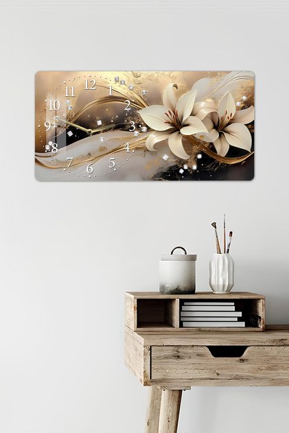 3D Görünümlü 2D UV Baskı Temperli Cam Saat Tablo –Altın Siyah Zemin Zambak Çiçekleri 60x30cm -YSL006