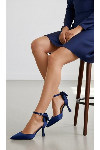 Navy Blue Satin Bow Short Heeled Evening Dress Shoes 9 Cm-Felisyabutik