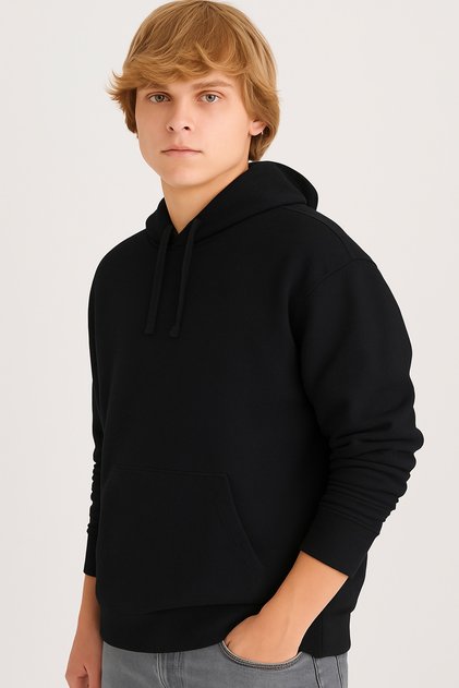 Regular Fit Hooded Soft Fur Lined Kangaroo Pocket Basic Plain Sweatshirt X8283AZ25AU